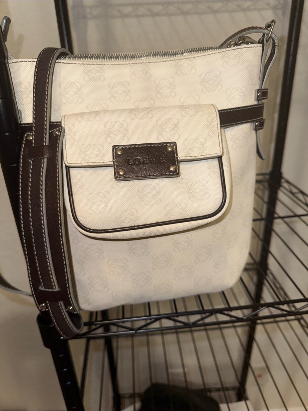 Loewe Small Cream Crossbody with Chocolate Trim